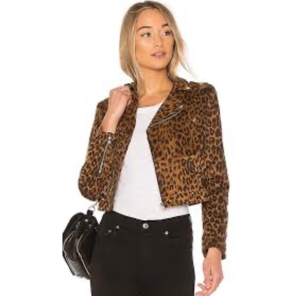 WYLDR Leopard‎ Print Cropped Moto Jacket Brown Faux Suede Biker Small Revolve